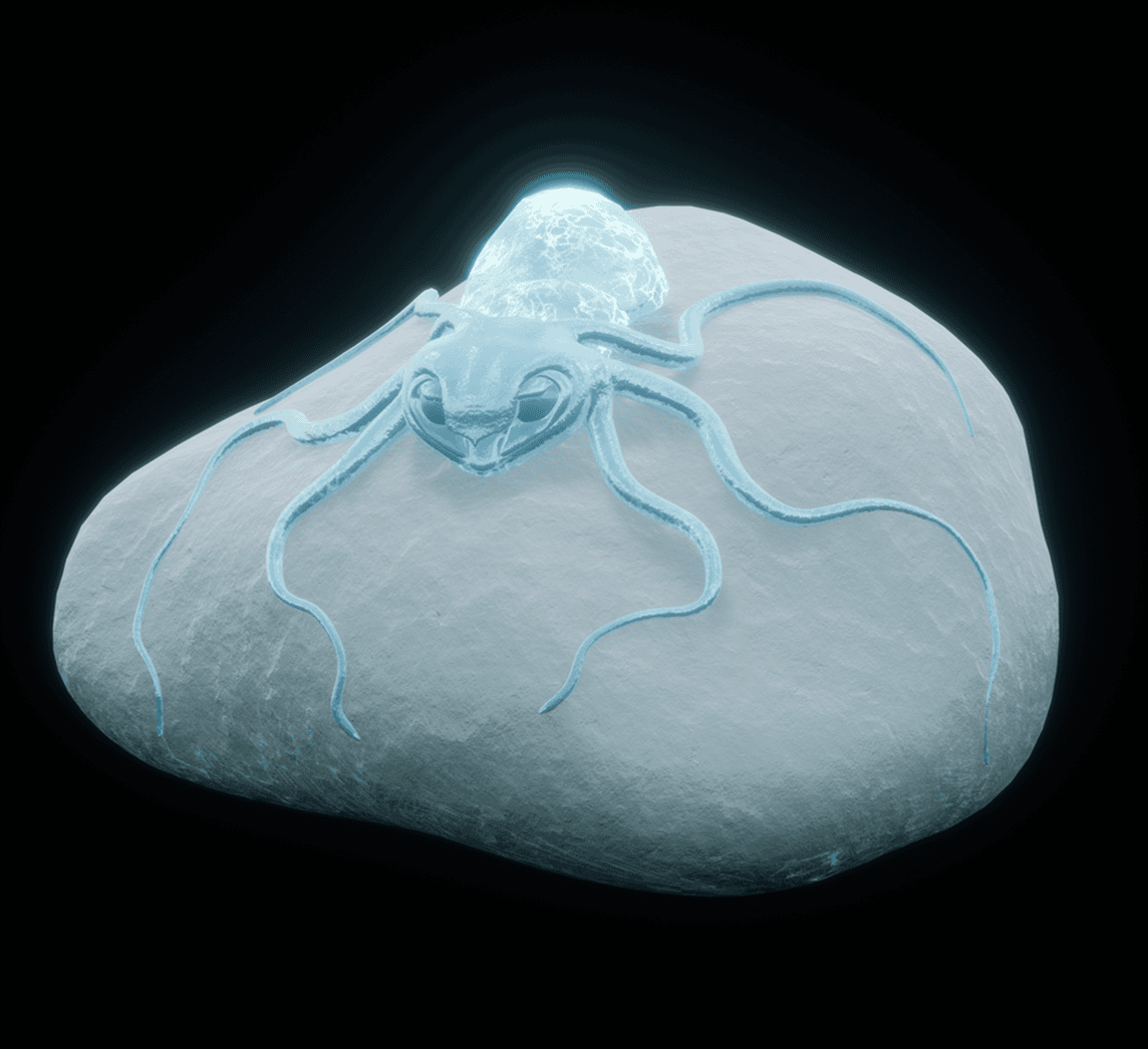 a creature sitting on a stone, frozen